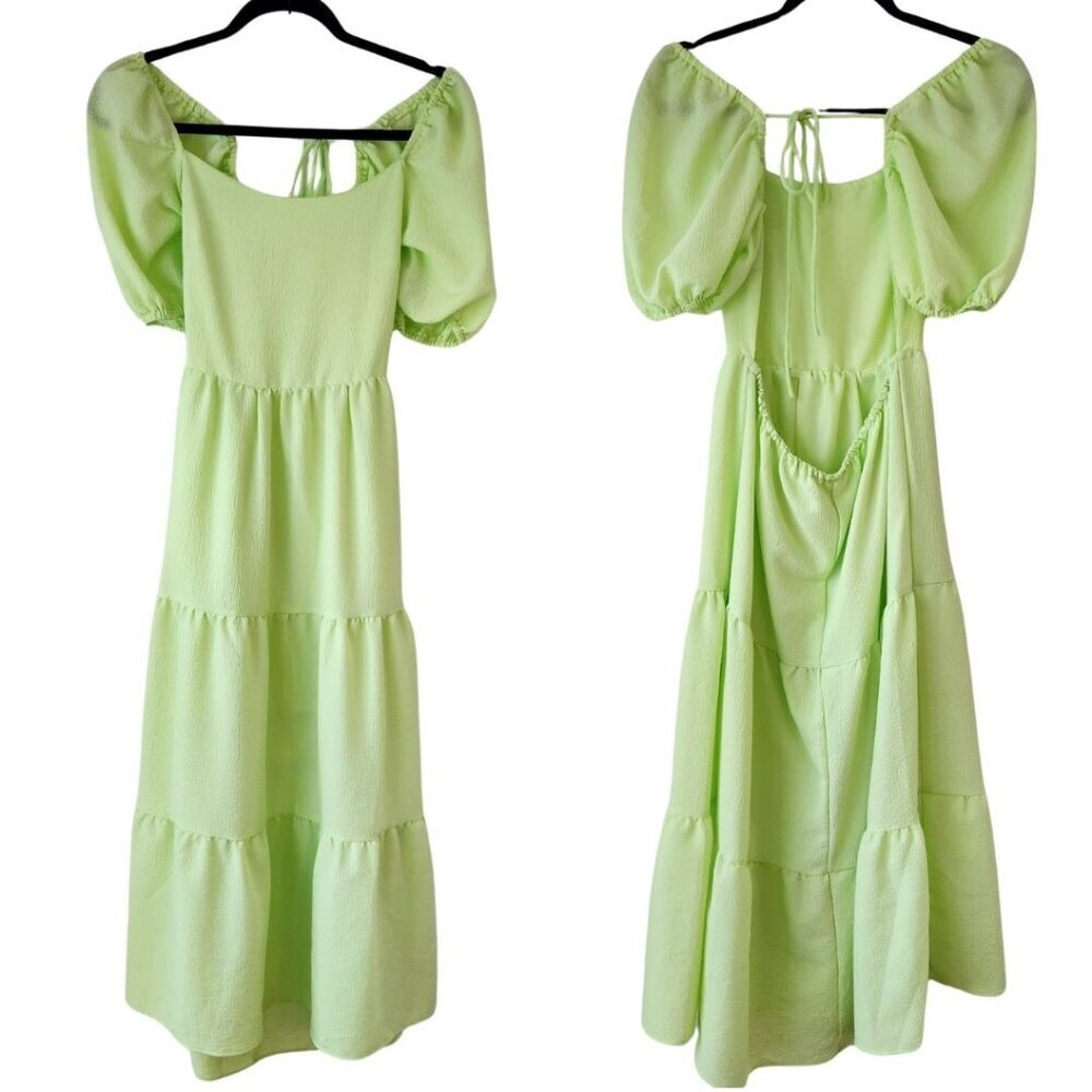 Talulah Aritzia Lime Green Tiered Maxi Dress Puff Sleeves Boho Peasant Women's S